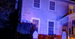 Haunting Halloween decor featuring illuminated gravestones and a spooky house illuminated in eerie blue light.