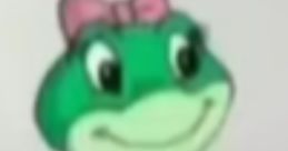 Lily the Frog smiles cheerfully, showcasing her playful personality in vibrant green and pink attire.