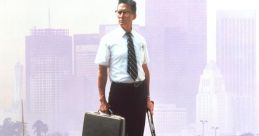 Iconic scene from "Falling Down" (1993) featuring the protagonist standing defiantly with a briefcase in a gritty urban landscape.