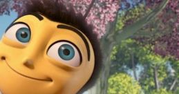 Smiling bee character from Bee Movie (2007) surrounded by vibrant flowers and trees in a colorful animated setting.