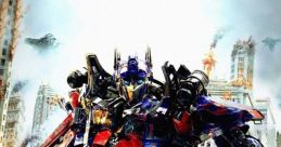 Optimus Prime towers over characters in a cityscape, showcasing epic moments from "Transformers: Dark of the Moon.