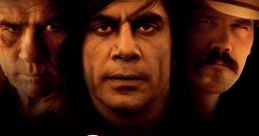 Iconic poster of "No Country for Old Men" featuring intense characters and a dramatic desert landscape.