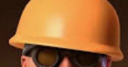 Smiling Team Fortress 2 Engineer character wearing a hard hat and goggles, showcasing a confident and friendly demeanor.