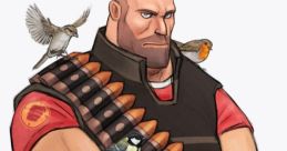 Heavy from Team Fortress 2 stands confidently with birds perched on his shoulders, showcasing strength and camaraderie.