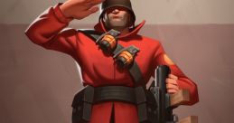 Soldier from Team Fortress 2 saluting, wearing a red uniform, and holding a weapon, showcasing a military stance.