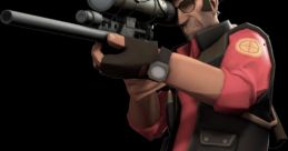 Sniper character from Team Fortress 2 aiming with a sniper rifle, wearing glasses and a cowboy hat.