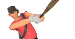 Scout from Team Fortress 2 swings a baseball bat, showcasing his energetic and playful character design.