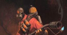 Team Fortress 2 Pyro character in dynamic pose, holding flamethrower, surrounded by smoky flames and fiery backdrop.