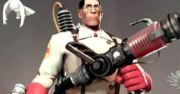 Team Fortress 2 Medic stands confidently with a healing gun, surrounded by doves, showcasing his quirky and heroic personality.