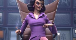 Confident woman in purple attire, seated in a chair, embodying the authoritative presence of the Administrator from Team Fortress 2.