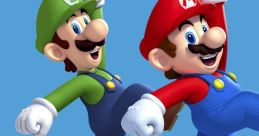 Mario and Luigi joyfully jumping with Toad characters against a vibrant blue background, showcasing classic gaming fun.