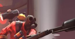 TF2 character with gas mask and flamethrower, poised for action in a dynamic battle scene against opponents.