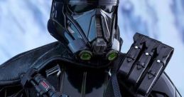 Detailed Death Trooper from Star Wars, armed and ready, showcasing its sleek black armor and weaponry in a dramatic pose.