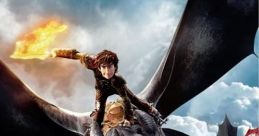 Hiccup rides Toothless, wielding fire against a dramatic sky in Dragonfilms' thrilling animated adventure.