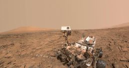 Curiosity rover on Mars explores the rocky terrain, capturing valuable data about the planet's surface and geology.