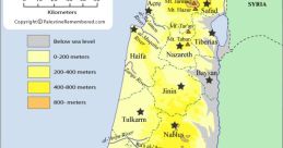 Topographic map of Palestine showing elevation levels and major cities like Jerusalem, Hebron, and Gaza.