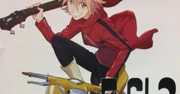 Character from FLCL riding a yellow scooter, wielding a guitar, showcasing the energetic vibe of the anime series.