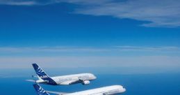 Three Airbus aircraft in flight showcase the A330 and A350 models against a clear blue sky, highlighting aviation excellence.