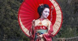 Elegant geisha in traditional attire holding a red parasol, standing on a serene stone path amidst lush greenery.