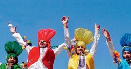 Joyful Bhangra dancers in vibrant traditional outfits leaping against a clear blue sky, celebrating cultural heritage.