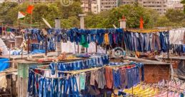 Vibrant colors of clothes drying at Dhobi Ghat, Mumbai, with urban buildings in the background showcasing daily life.