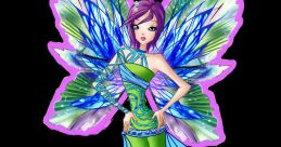 Stylish Dreamix fairy with vibrant blue and green wings, wearing a chic outfit with striking high heels and flowing ribbons.