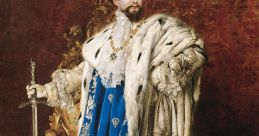 Regal portrait of Ludwig II, adorned in rich blue robe and fur, exuding royal elegance and power from a grand throne.