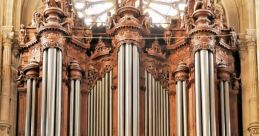 Ornate church organ with grand pipes and intricate woodwork, set against a stunning stained glass window backdrop.