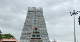 Crowd of devotees visiting Annamalai temple, showcasing intricate architecture and vibrant culture on a cloudy day.