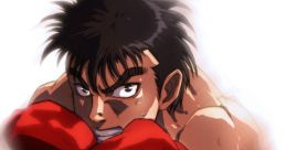 Ippo, the determined boxer, focused and ready for a match, wearing red gloves and an "Ippo" belt.