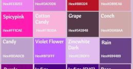 Color palette featuring various shades of purple, including violet, fuchsia, and indigo with hex codes for design inspiration.