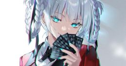 Kirari with silver hair and braids, dressed in a red coat, holding playing cards, exuding a confident aura.