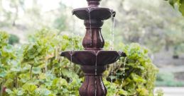 Elegant three-tiered fountain with water cascading over decorative bowls, surrounded by lush greenery and vibrant plants.