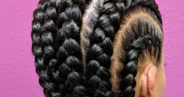 Sleek, intricate braided hairstyle showcasing bold black braids against a vibrant purple background for a stylish look.