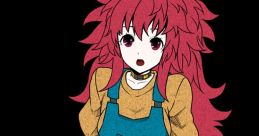 Character from "Your Turn To Die" expressing determination, with vibrant red hair and a blue apron against a black background.