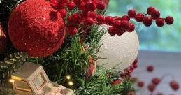 Festive Christmas tree adorned with red ornaments, berries, pinecones, and a vintage toy truck, celebrating Natal spirit.