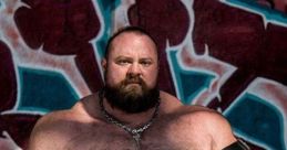 Muscular man posing confidently in front of colorful graffiti, showcasing strength and a bold style. Four big guys theme.