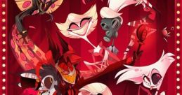 Colorful cast of characters from Hazbin Hotel, featuring unique designs in a theatrical setting with a red background.