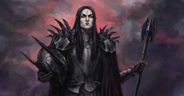 Eerie portrayal of Sauron, the Dark Lord, clad in ominous armor, wielding a spear, with a volcanic background.