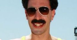 Huge Borat sporting neon suspenders and sunglasses, showcasing a playful summer vibe on a beach.