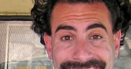 Borat character smiling widely while driving, showcasing humor and unique style in a playful, comedic setting.