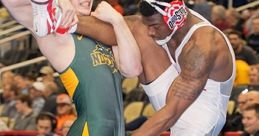 Wrestlers compete fiercely on the mat, showcasing strength and technique at a major wrestling championship event.