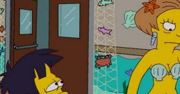 Lenny looks surprised at a woman in a bikini at an aquarium in a scene from The Simpsons featuring Mr. Burns’ world.