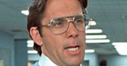 Bill Lumbergh from Office Space, wearing glasses and a patterned tie, embodies corporate monotony in an office setting.