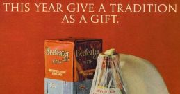 Beefeater Gin holiday advertisement emphasizing gifting traditions and quality, with festive decorations in the background.