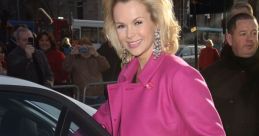 Cheerful woman in a pink coat exiting a car, promoting freshness and style, ideal for a Brita advert setting.