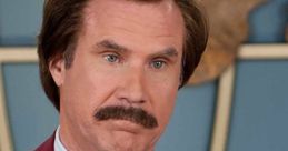 Ron Burgundy, the iconic Anchorman, sporting a classic suit and mustache, delivering serious news with classic charm.