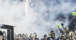 Excited football players running onto the field with fireworks, embodying the spirit of Embrace Football Club songs.