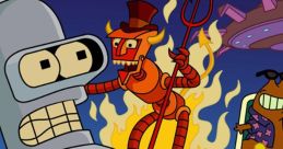 Bender from Futurama holding a bottle, surrounded by whimsical characters and a fiery background full of chaos and humor.