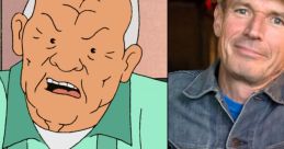 Bill Dauterive, animated character from "King of the Hill," alongside his voice actor, showcasing his iconic look.